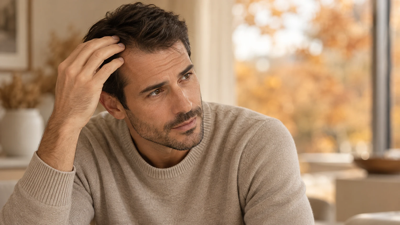 Hombre pensativo tocándose el pelo junto a una ventana en otoño