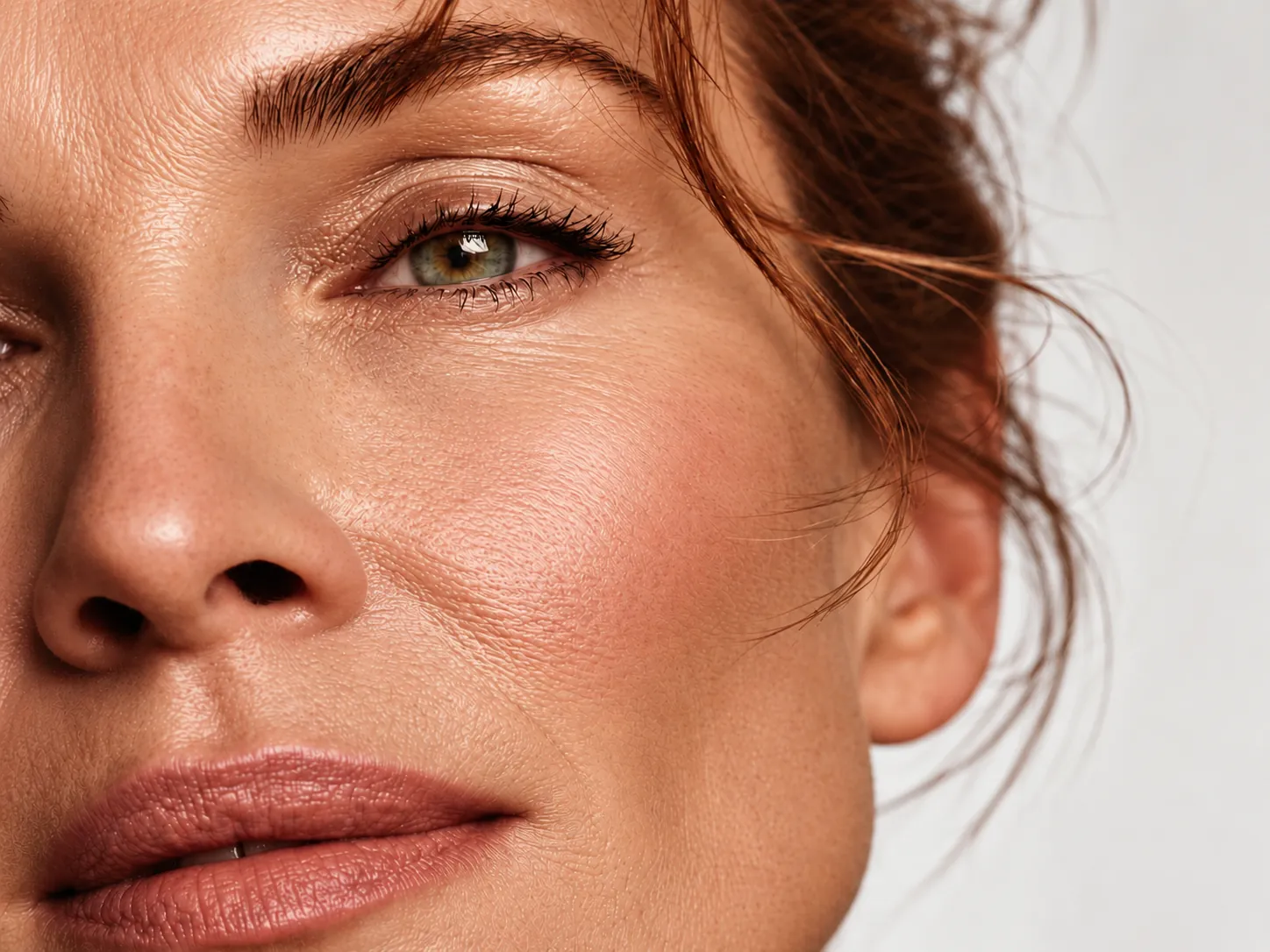 Primer plano del rostro de una mujer con piel luminosa y natural, tras un tratamiento con estimuladores de colágeno