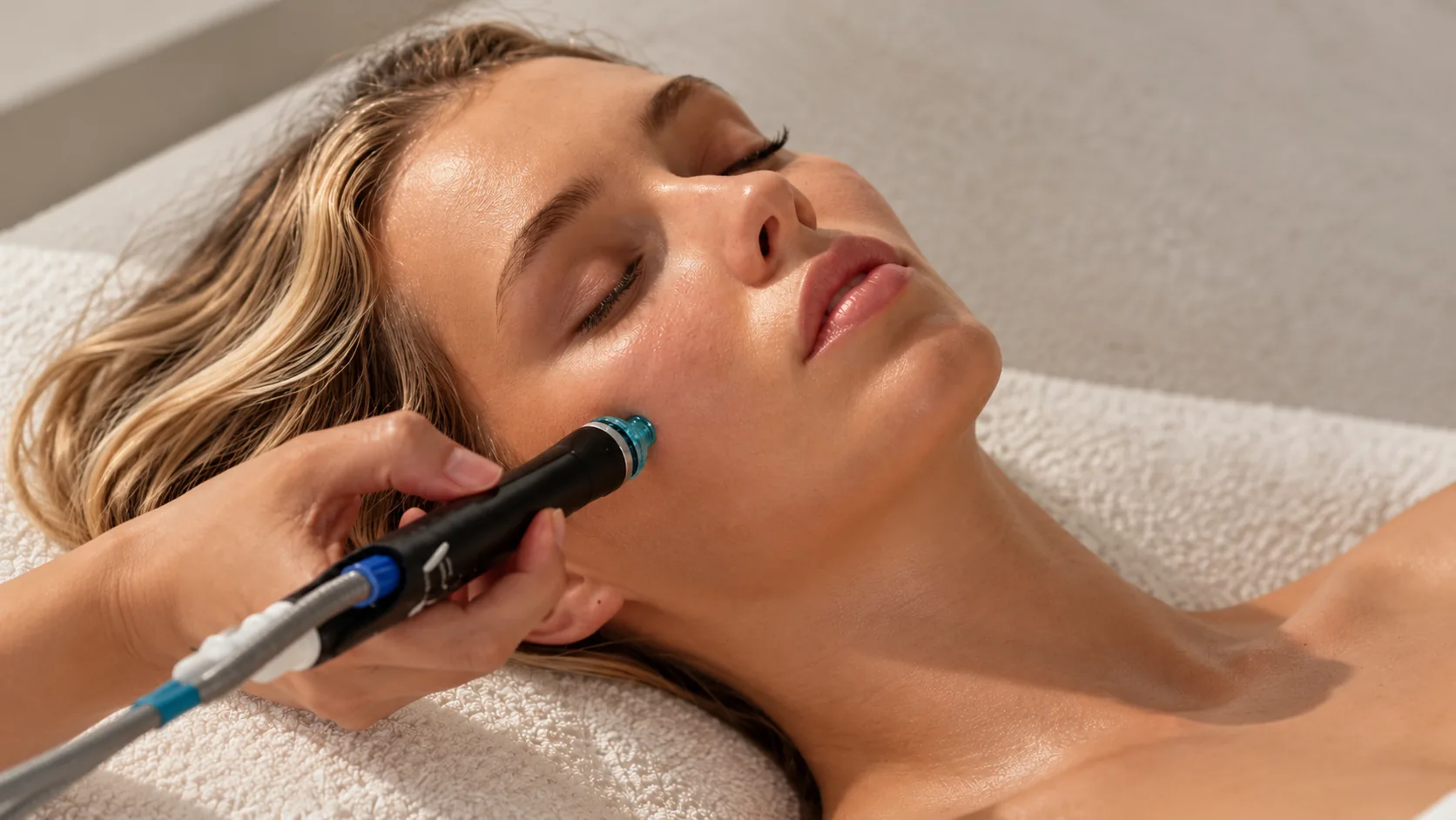 Hydrafacial Allegro aplicado en el rostro de una mujer, en la cabina de Jardines en Castro Urdiales